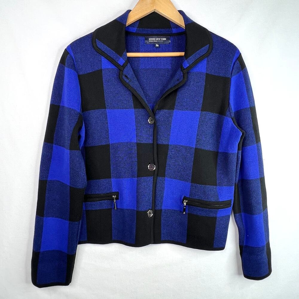 Jones New York Petite Blue Plaid Sweater Blazer PL